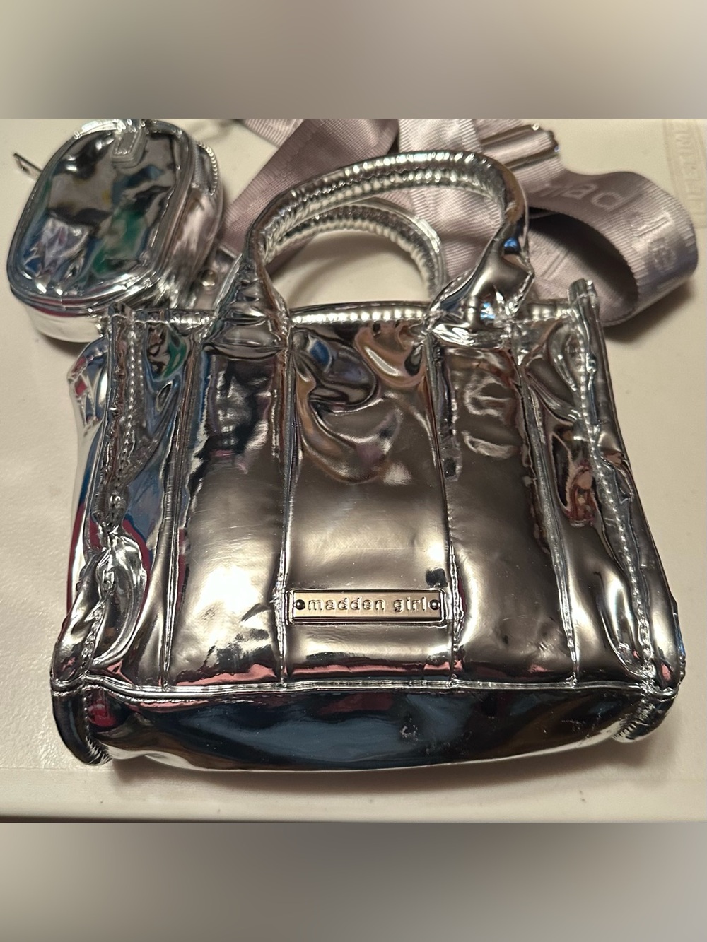 Madden Girl Metallic Silver Mini Tote with guitar Crossbody Strap